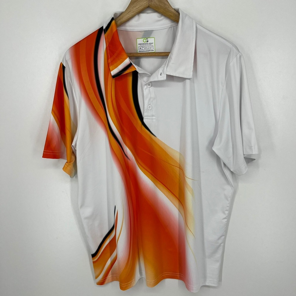 Obnoxious Golf Mens White Orange Abstract Graphic Performance Polo Shirt Size M